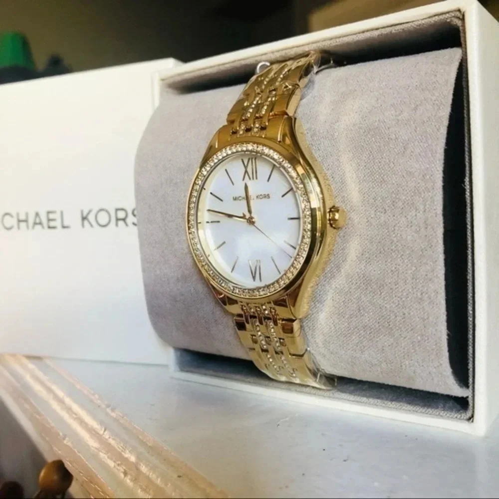 Michael Kors Gold Tone Watch Crystal Bezel Roman Numeral Dial NWT